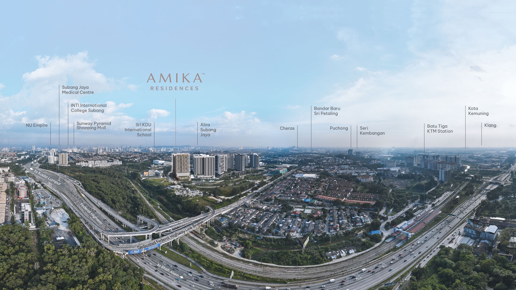 Amika Residences aerial view with Federal Highway link bridge and nearby landmarks