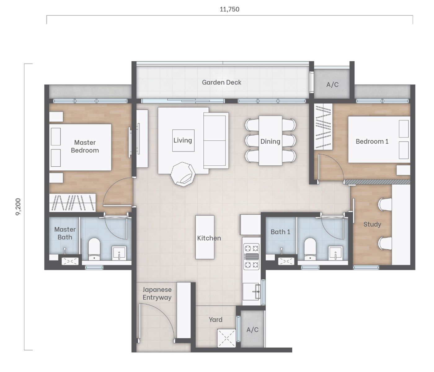 Amika Residences Type A floor plan — 2+1 rooms, 883 sq ft