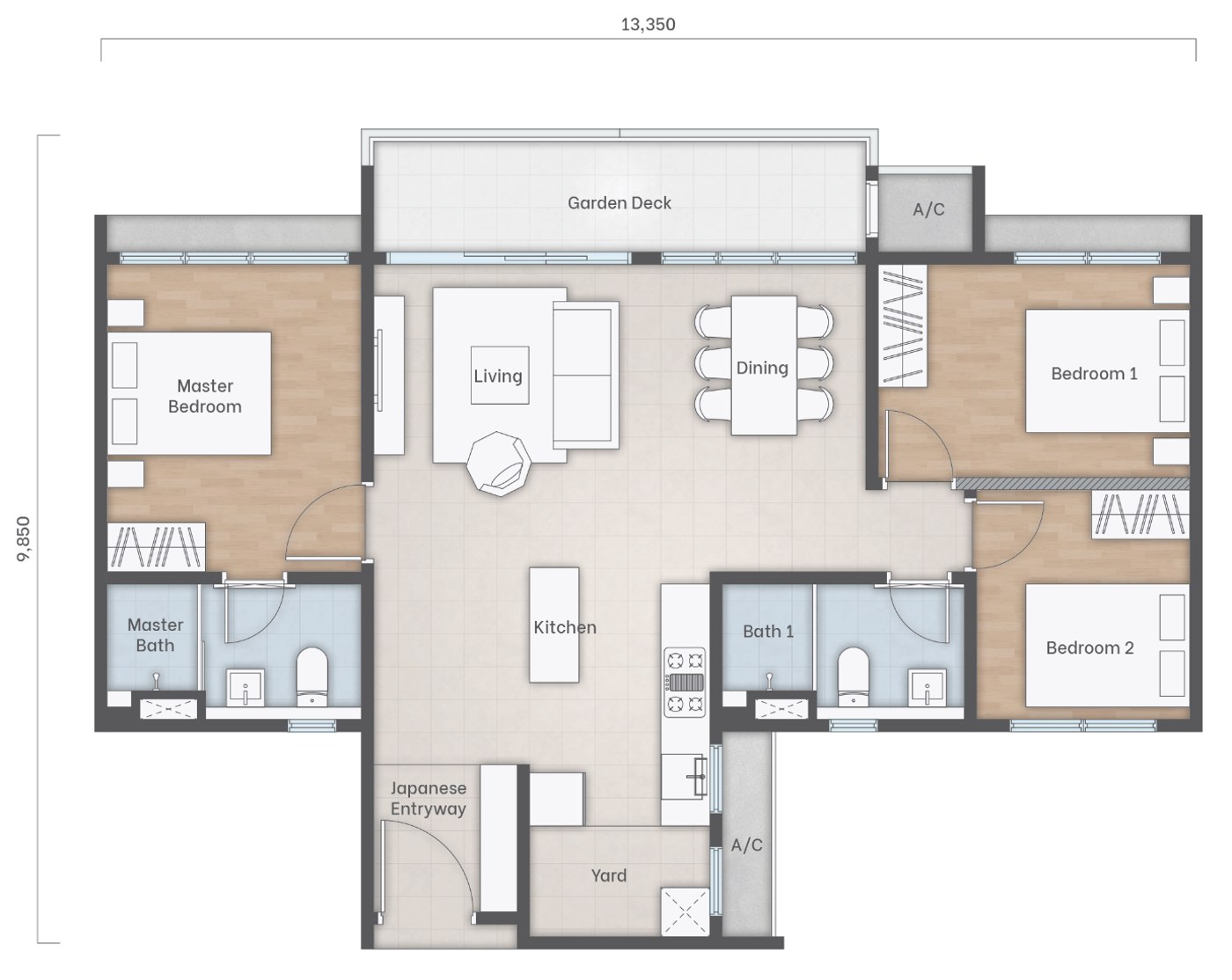 Amika Residences Type B floor plan — 3 rooms, 1,075 sq ft