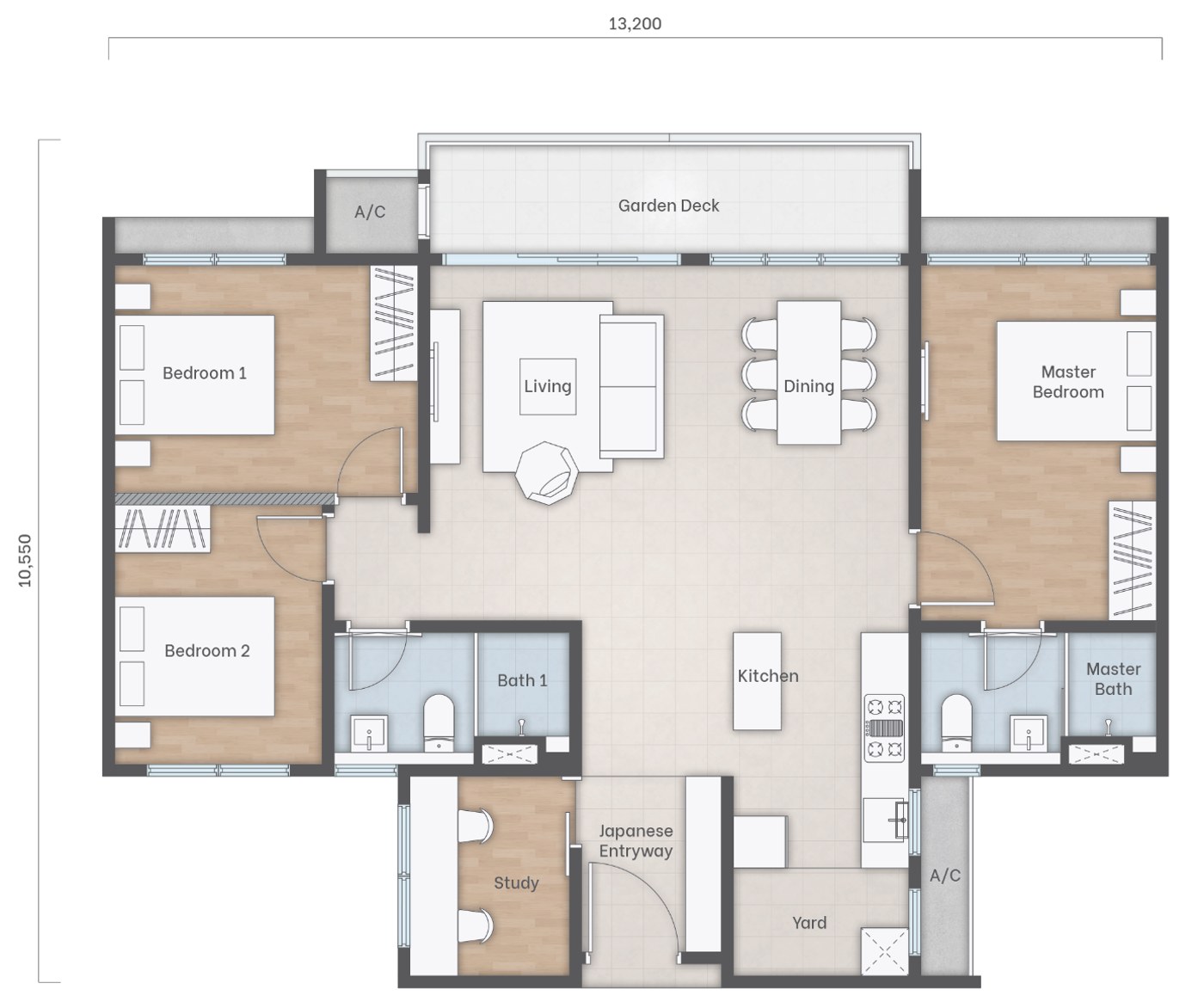 Amika Residences Type C floor plan — 4 rooms, 1,227 sq ft