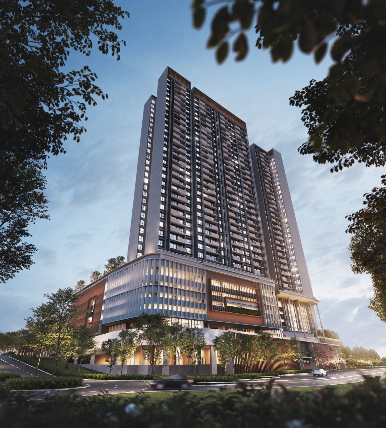 Amika Residences facade park view at dusk
