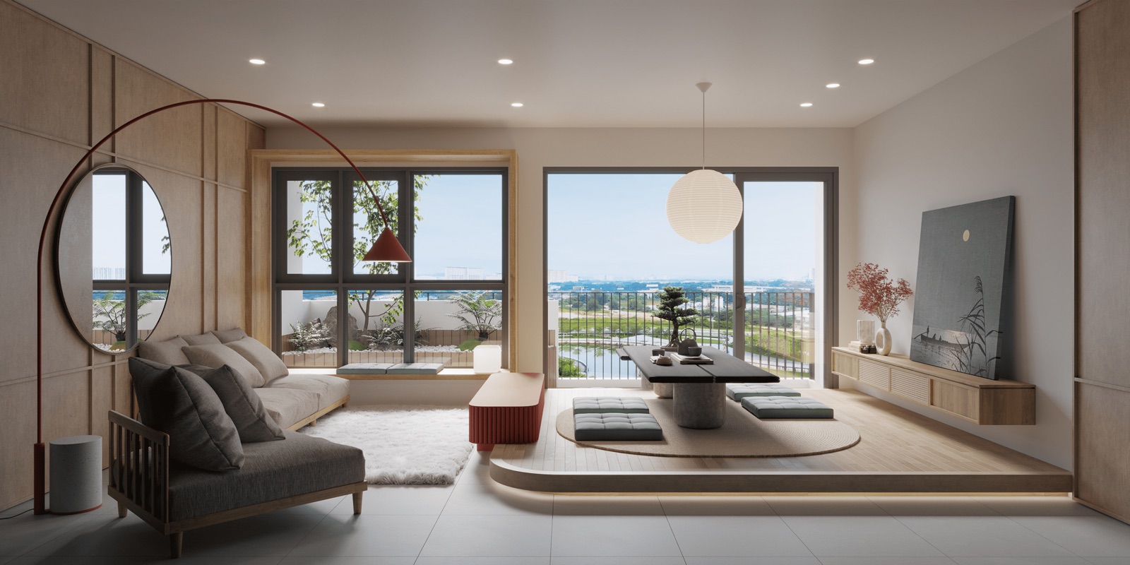 Japanese-inspired living room with tatami platform and park view at Amika Residences