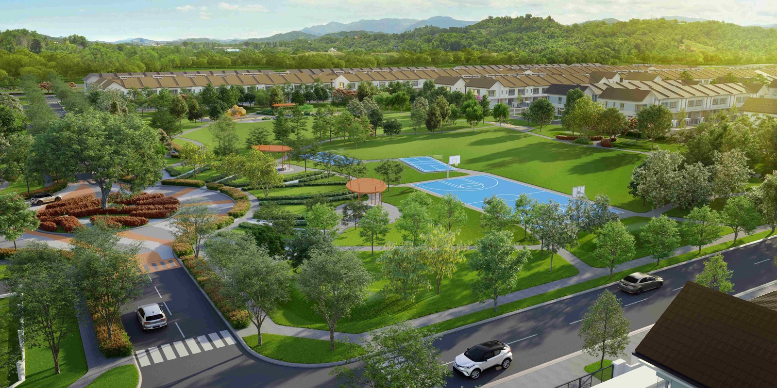 Tree-lined residential street with park and courts