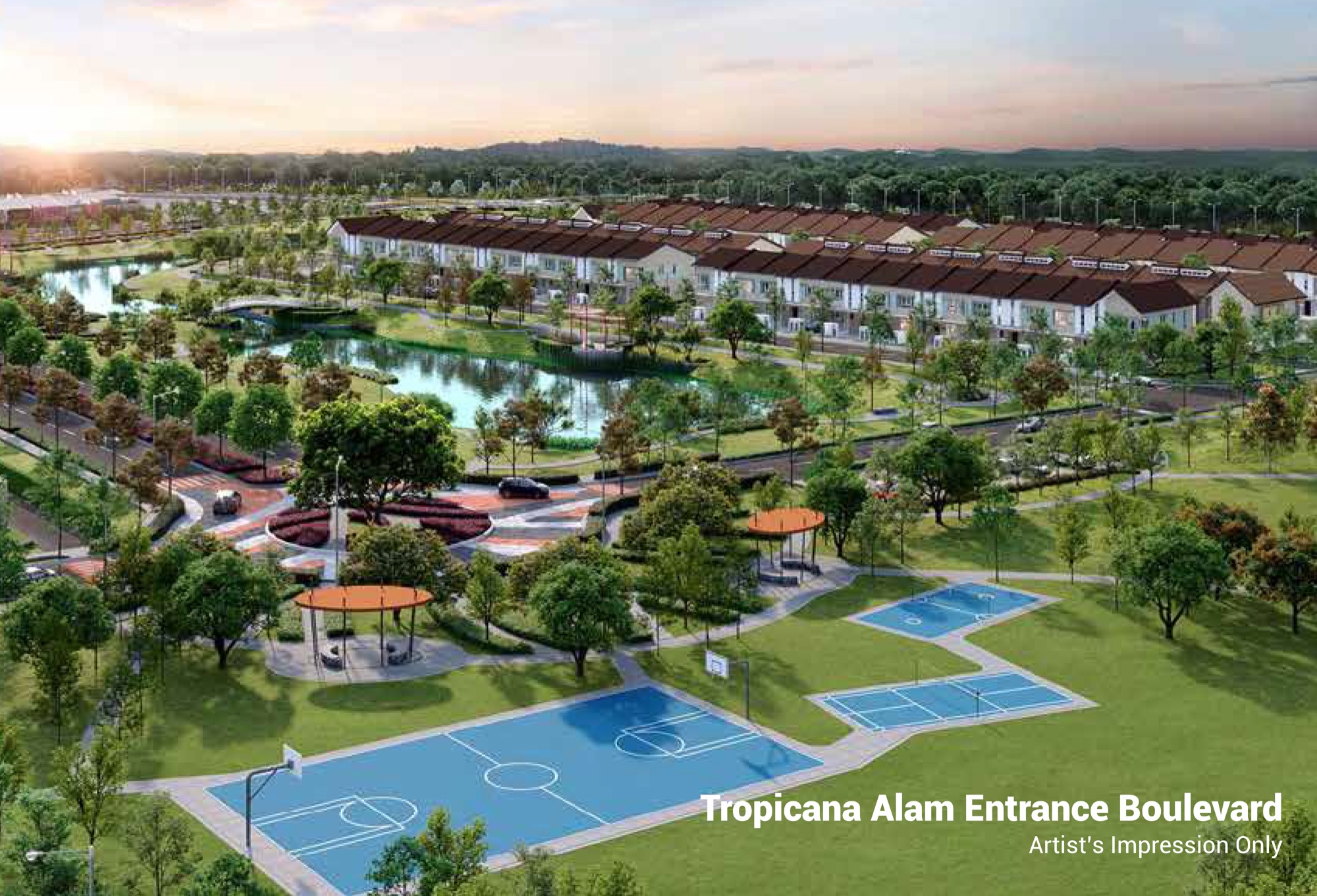 Avisa Residences at Tropicana Alam — entrance boulevard and lake park, Puncak Alam