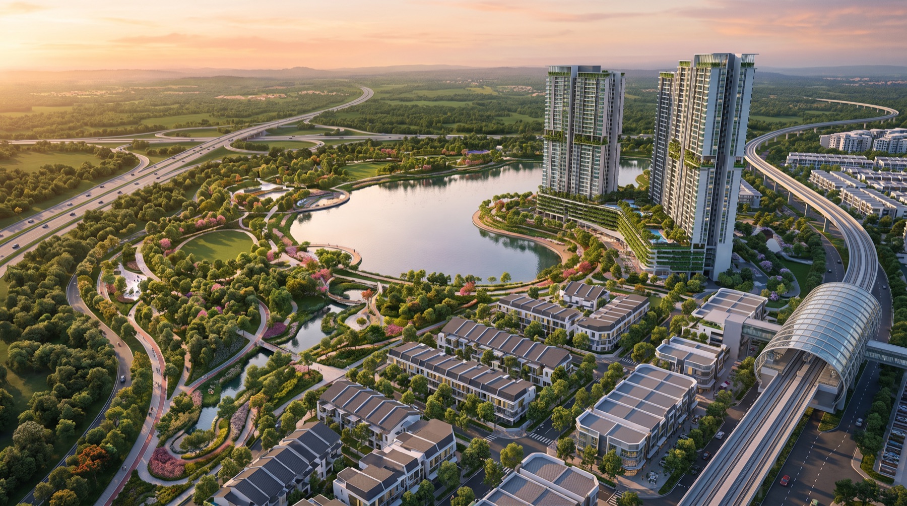 Aerial artist impression — lake park township with residential towers and elevated MRT line at Kwasa Damansara
