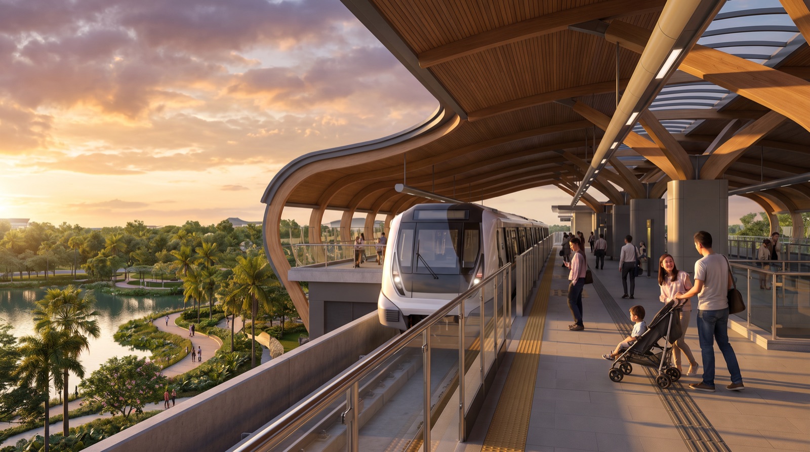 Artist impression — elevated MRT station platform with train arriving beside the lake park