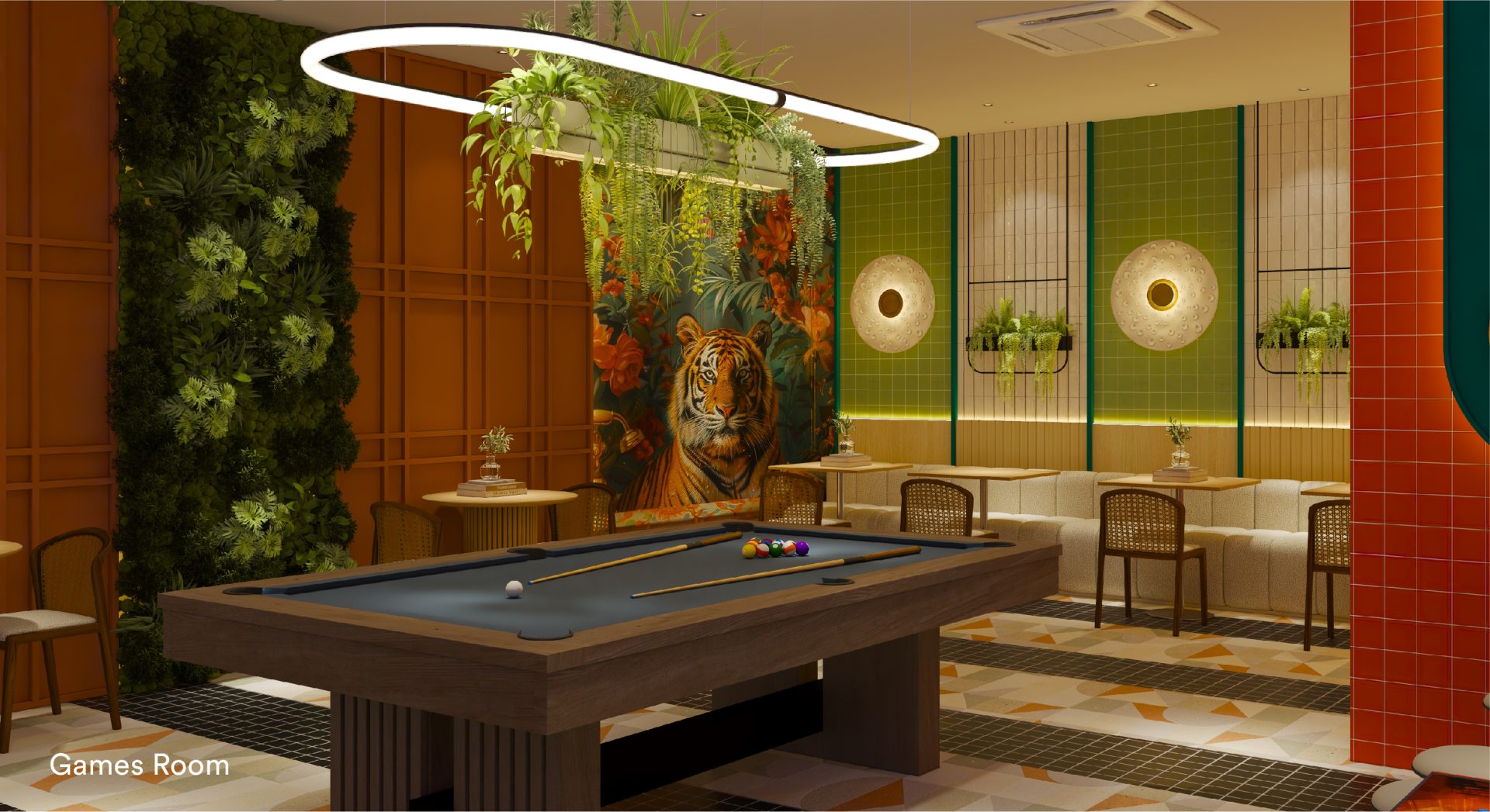Games room lounge with tiger mural and green wall at Sena Residences
