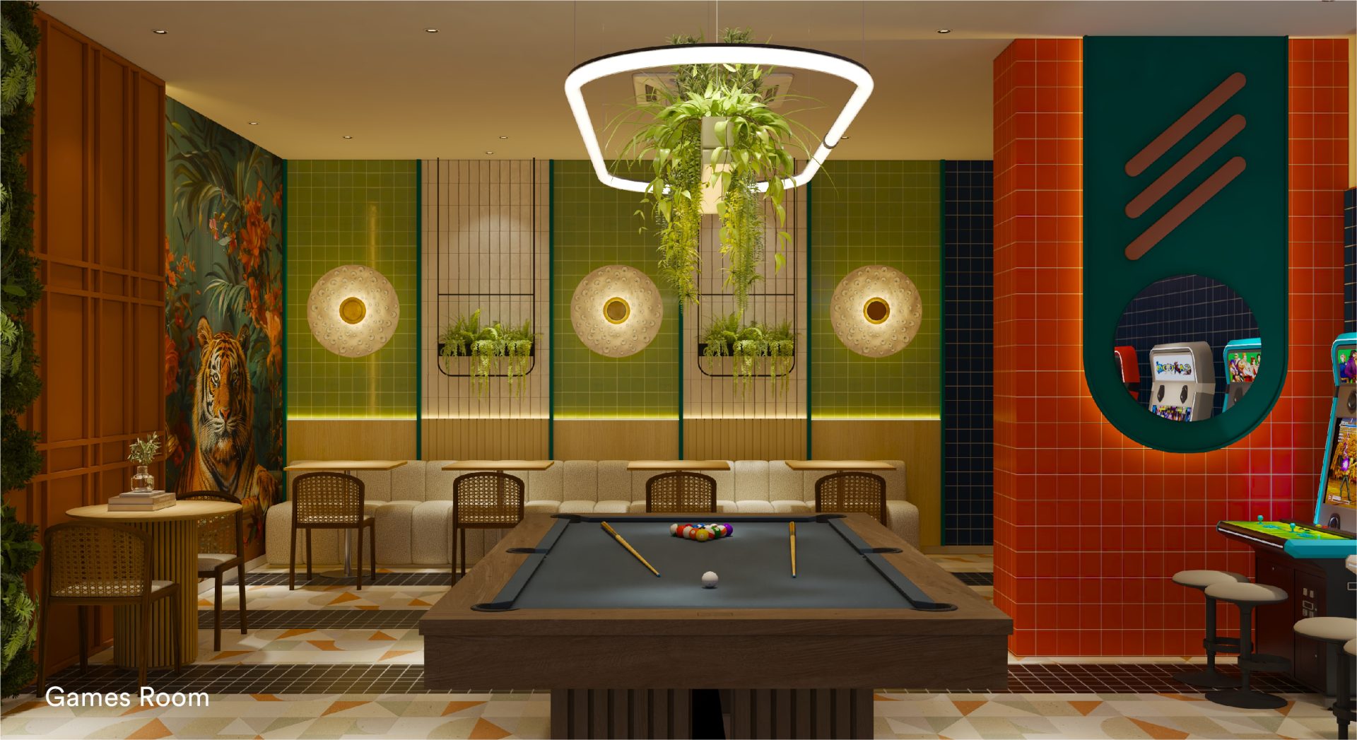 Games room with pool table and arcade corner at Sena Residences