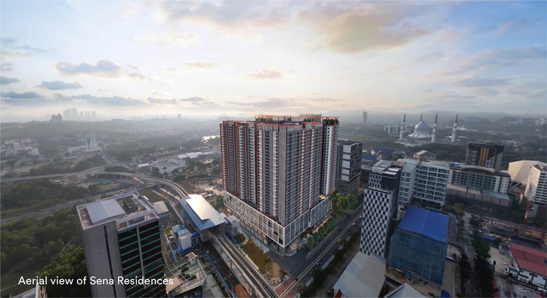Aerial view of Sena Residences beside LRT Dato' Menteri station, Seksyen 14 Shah Alam