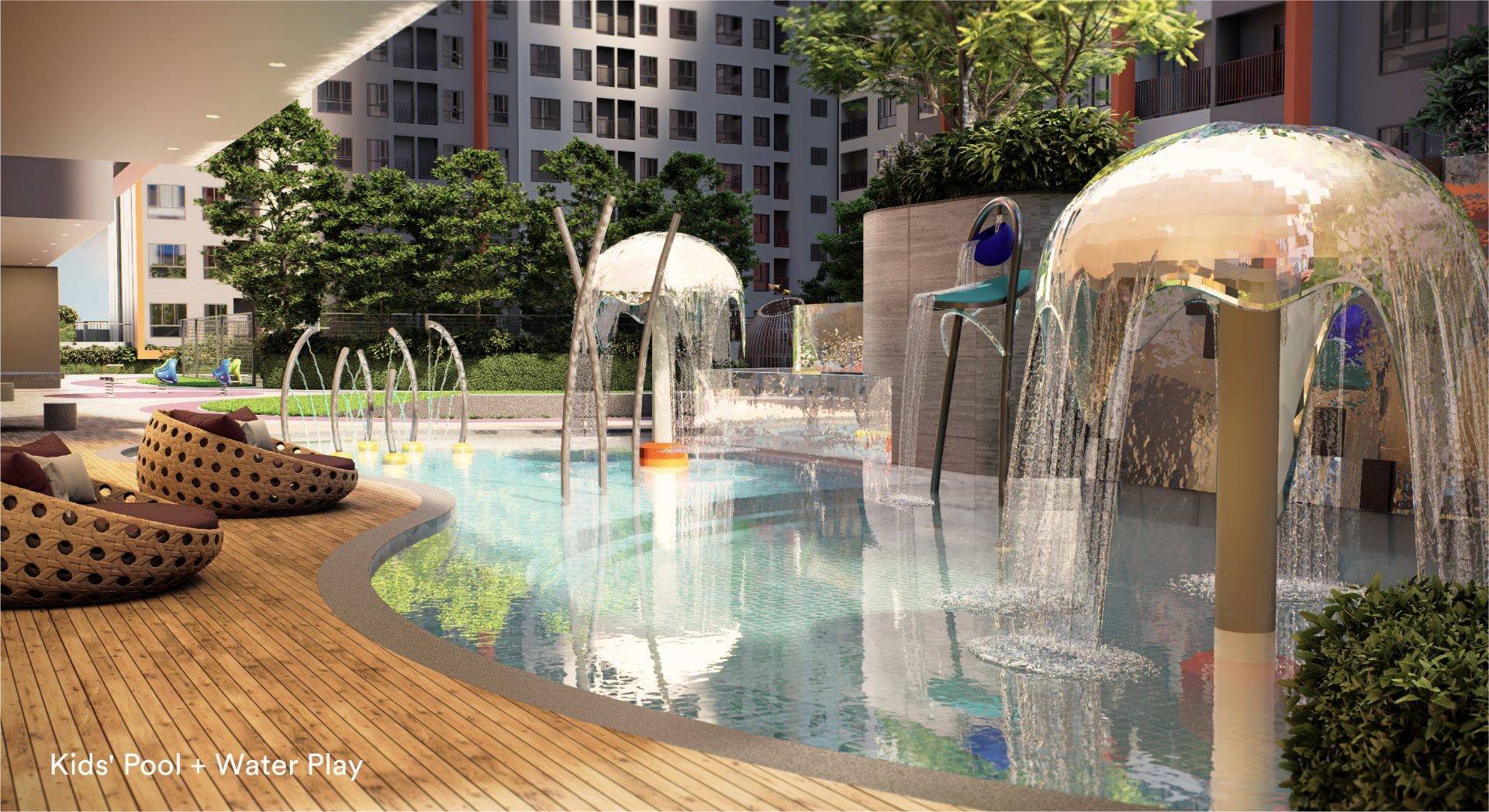 Kids' pool and water play area with mushroom fountains at Sena Residences