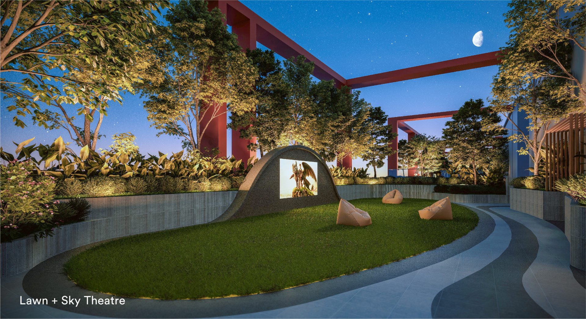 Rooftop lawn and outdoor sky theatre with beanbag seating under the night sky at Sena Residences