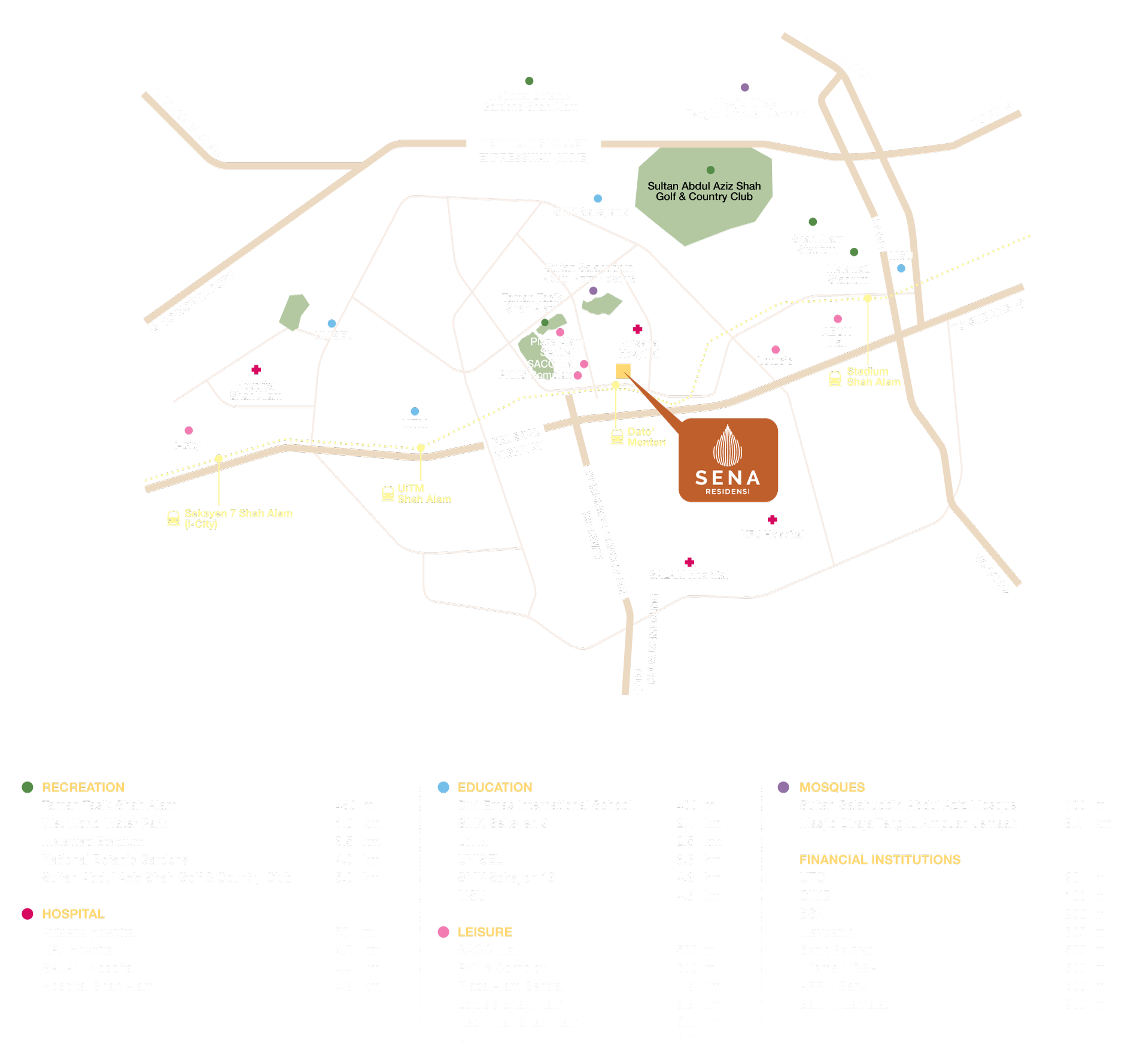 Sena Residences location map — Seksyen 14 Shah Alam beside Dato' Menteri LRT station, near SACC Mall, PKNS Complex, Taman Tasik Shah Alam, Avisena Hospital, UiTM and Stadium Shah Alam