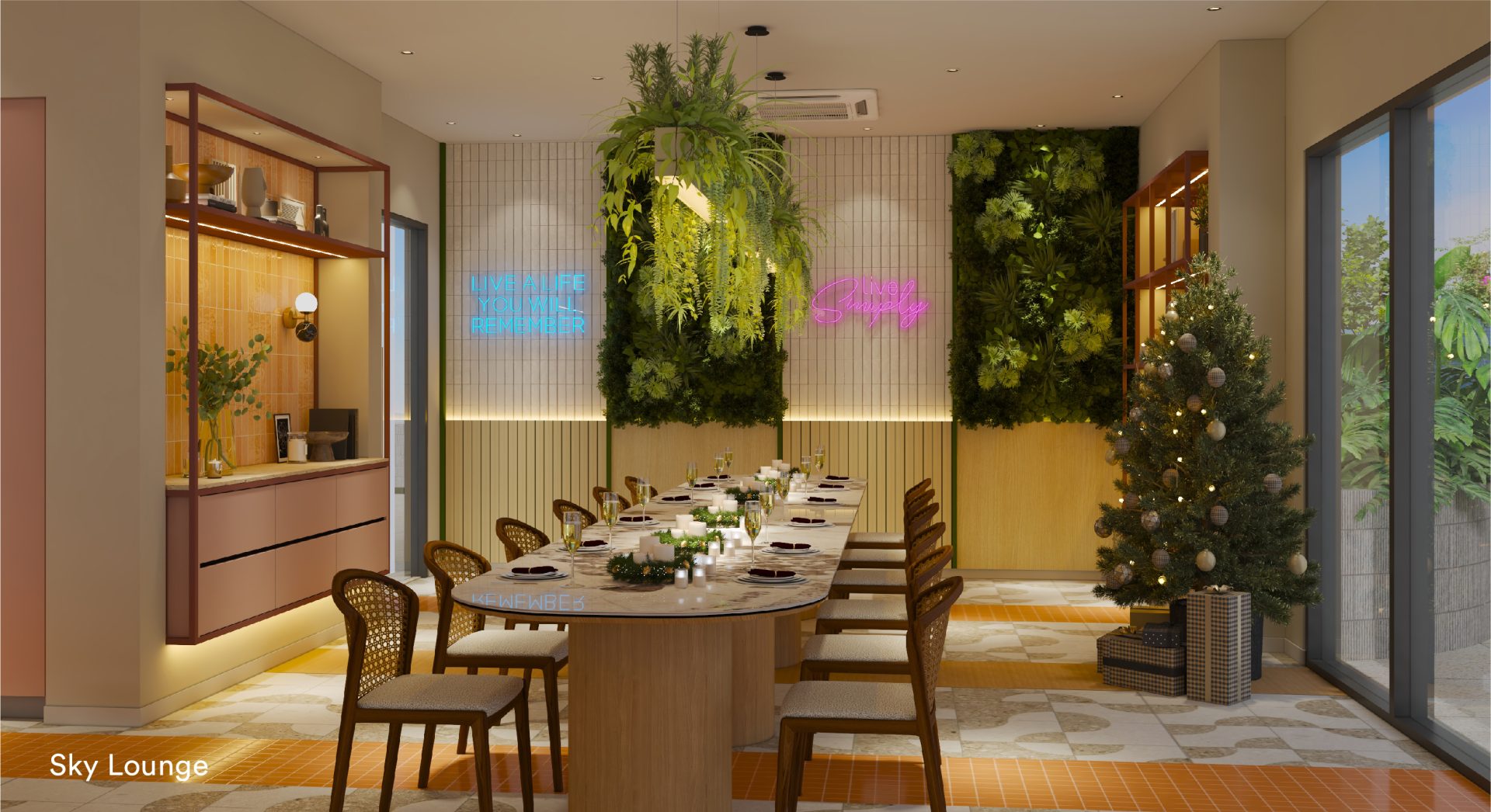 Sky lounge private dining room with long table and green walls at Sena Residences