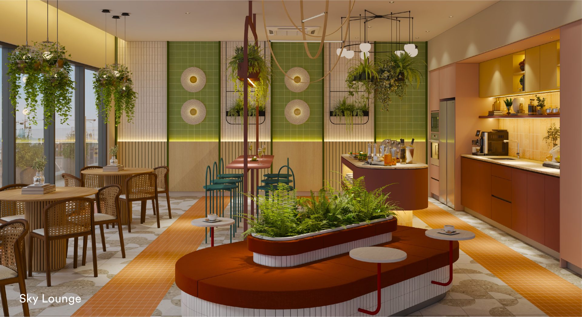 Sky lounge social seating and café-style tables at Sena Residences rooftop