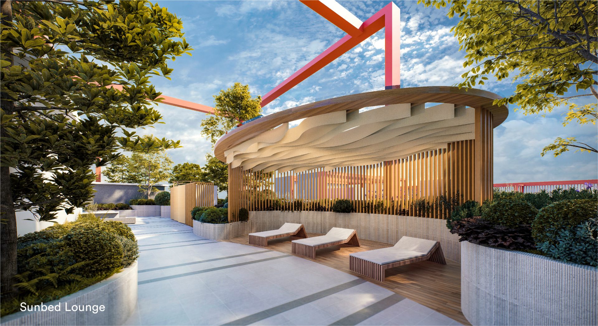 Rooftop sunbed lounge pavilion with timber canopy at Sena Residences