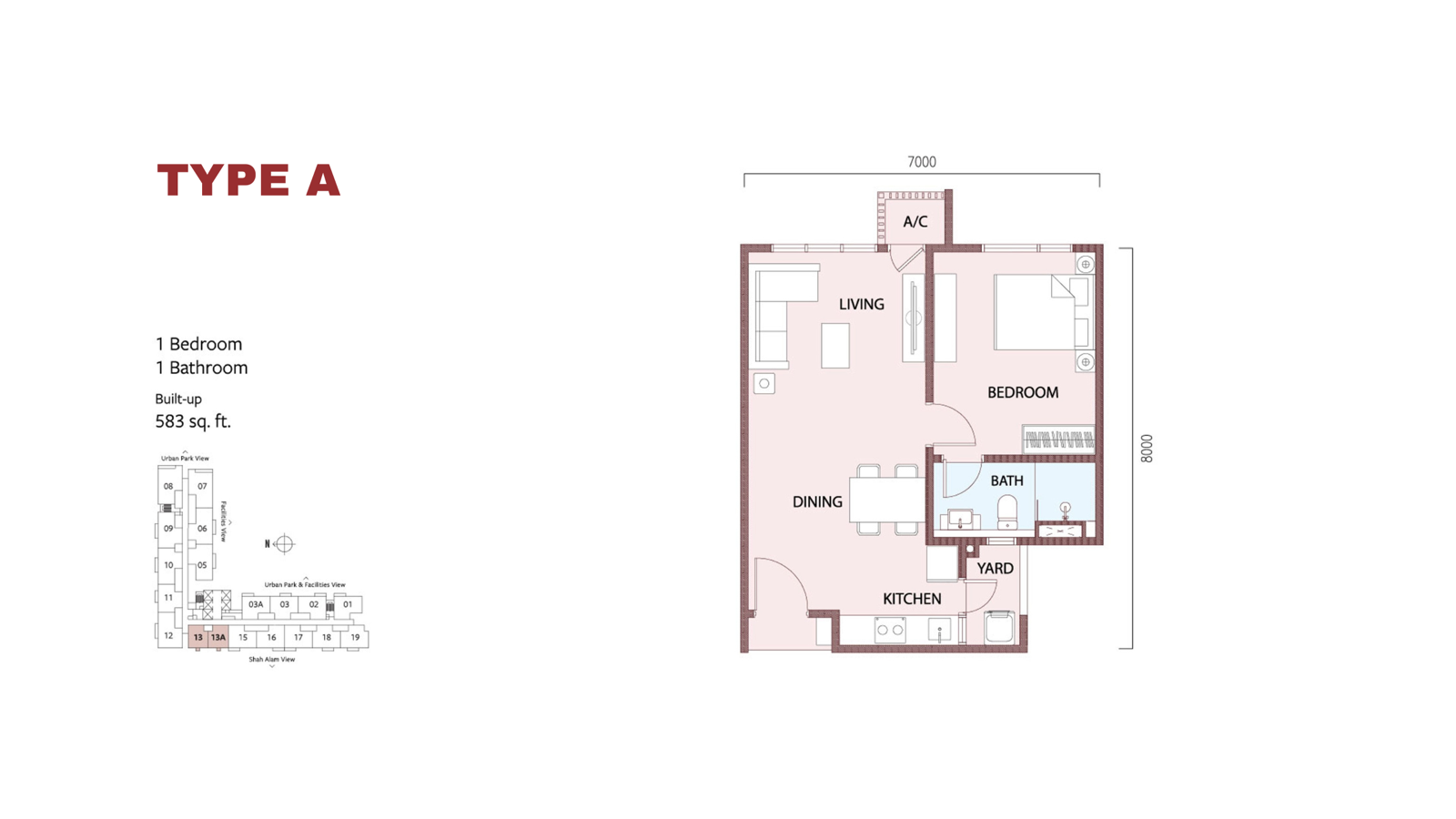 SouthPlace 2 Type A floor plan โ 1 bedroom, 583 sq ft