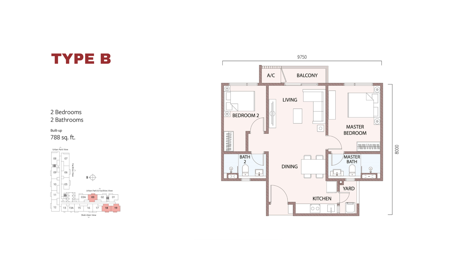 SouthPlace 2 Type B floor plan โ 2 bedrooms, 788 sq ft