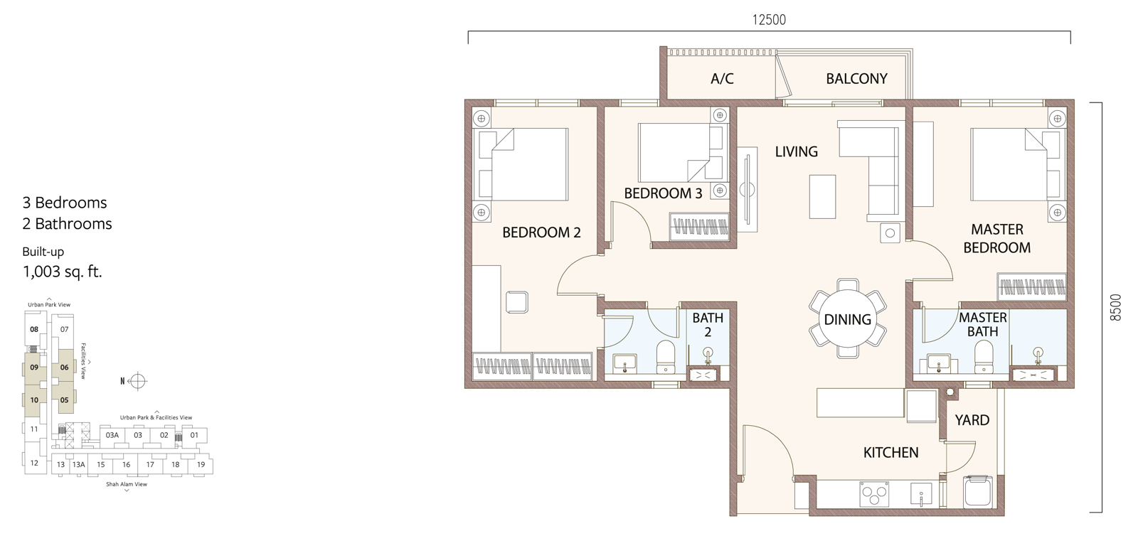 SouthPlace 2 Type C floor plan โ 3 bedrooms, 1,003 sq ft