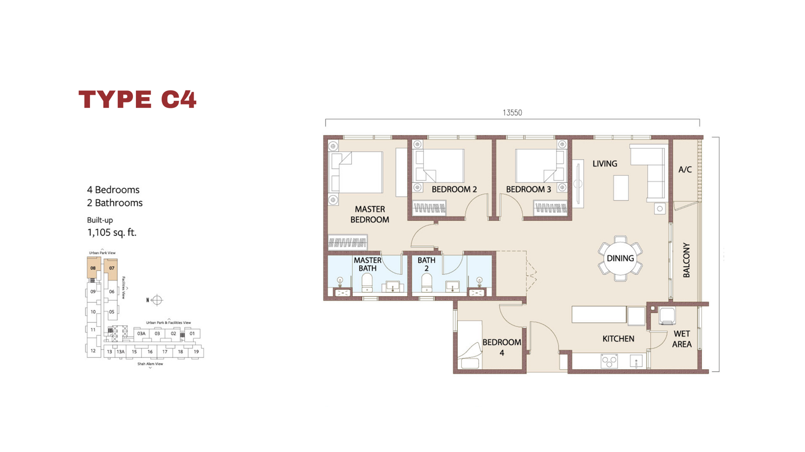 SouthPlace 2 Type C4 floor plan โ 4 bedrooms, 1,105 sq ft