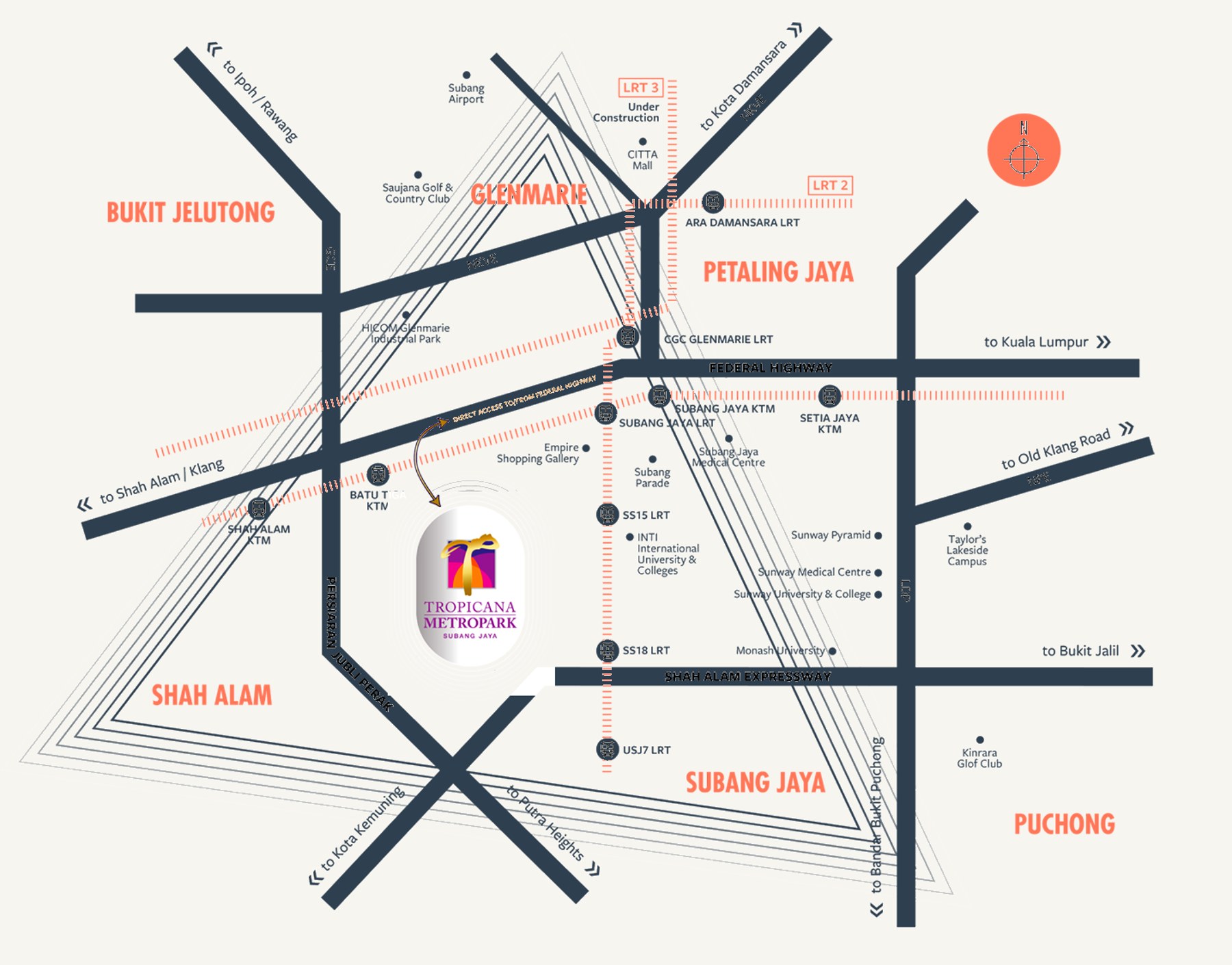 SouthPlace 2 Tropicana Metropark location & highway connectivity map — Federal Highway, NKVE, NPE, LDP, KESAS