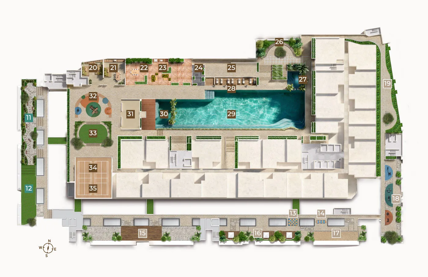 Tamu Residences Level 7, 7M & 8 facilities plan — 50m lap pool, Mediterranean Courtyard, Spanish Steps