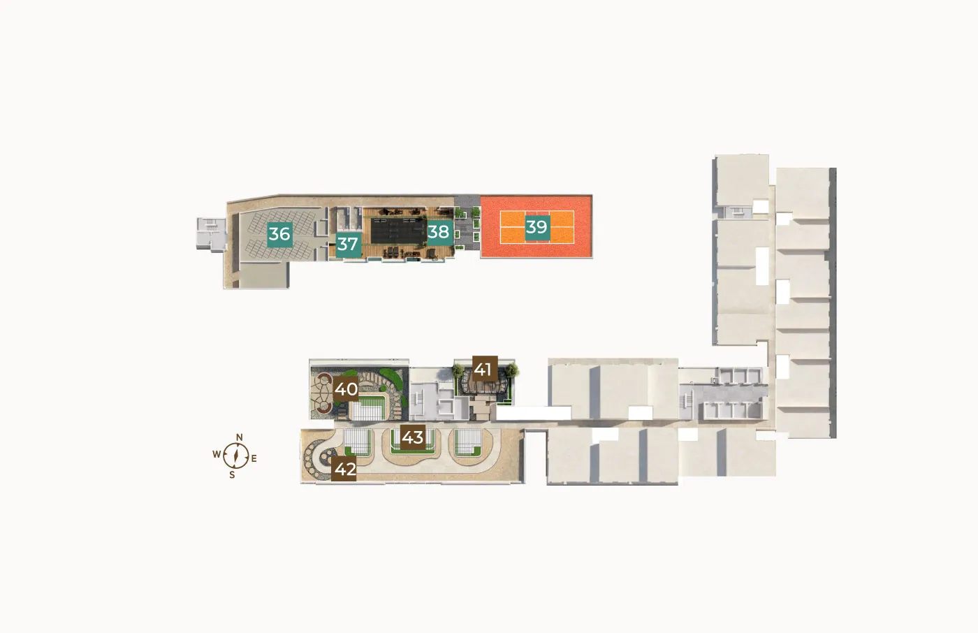 Tamu Residences Level 9 & 43 facilities plan — The Gym, Pickleball Court, The Glasshouse, Sky Arc Terrace