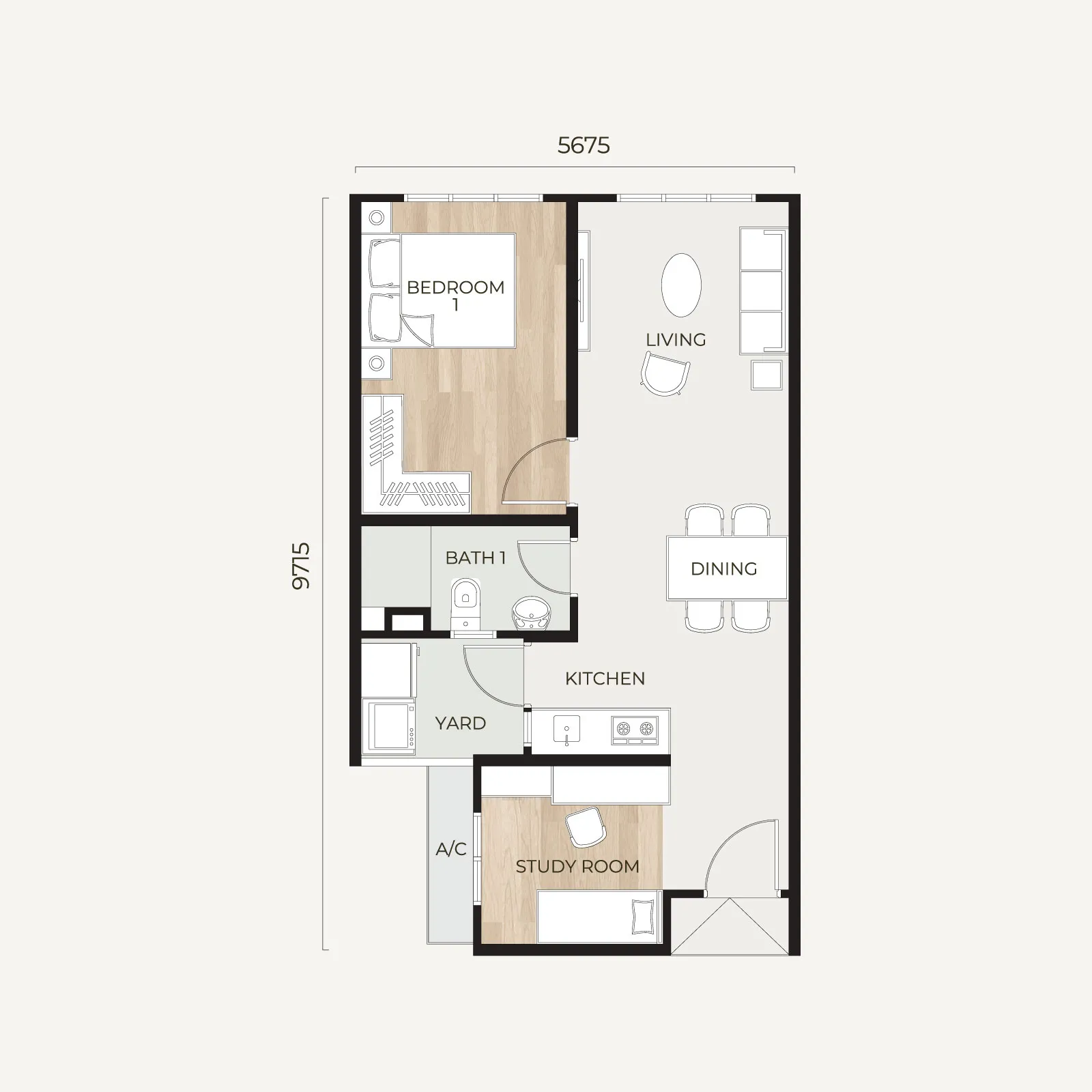 Tamu Residences Type A serviced apartment layout — 1+1 bedrooms, 550 sq ft