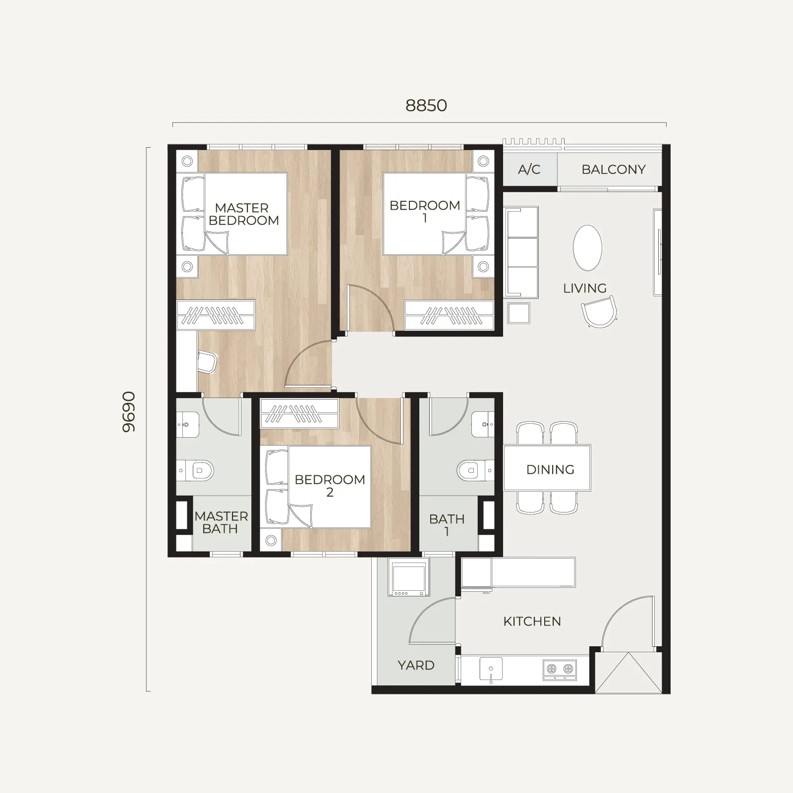 Tamu Residences Type B serviced apartment layout — 3 bedrooms, 829 sq ft