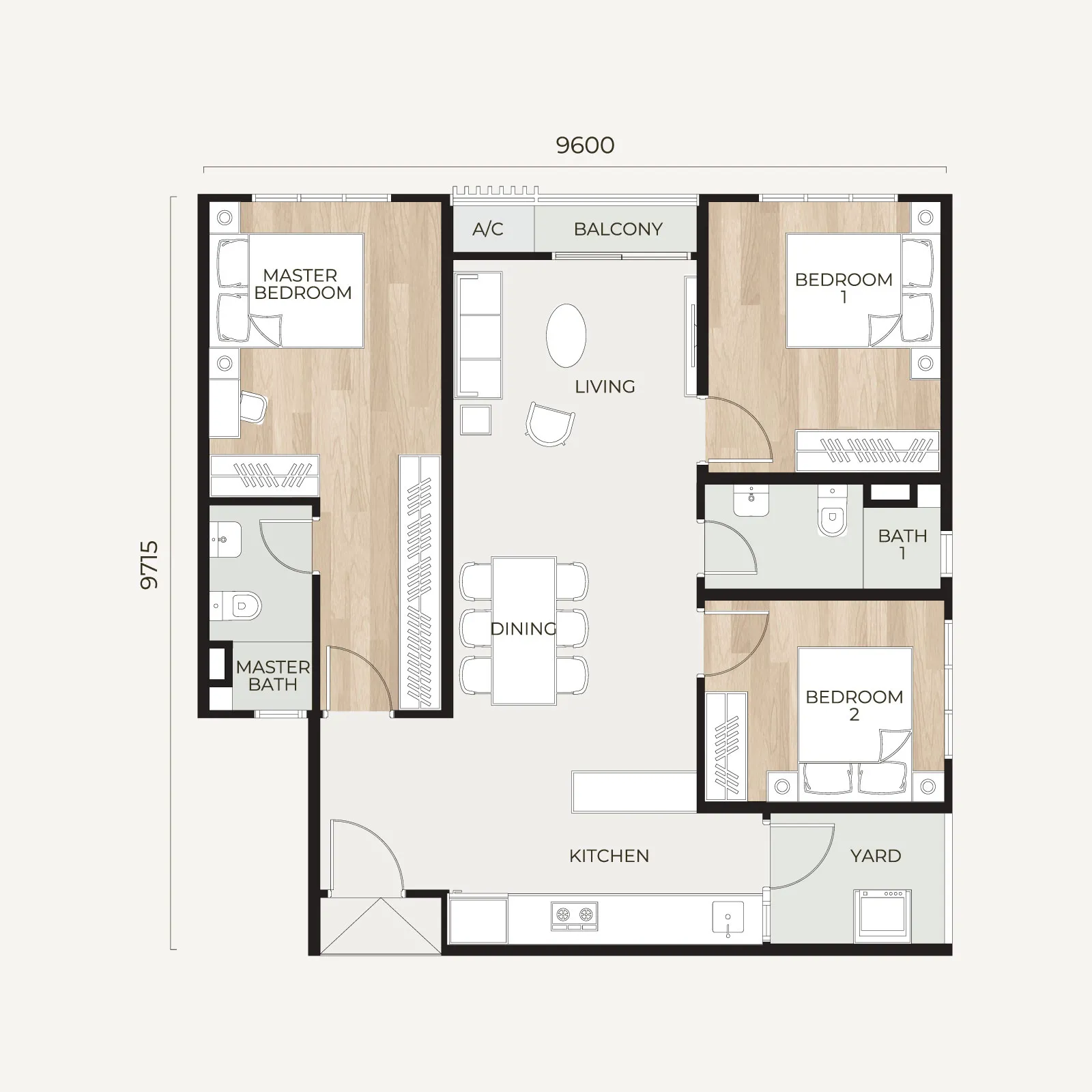 Tamu Residences Type C serviced apartment layout — 3 bedrooms dual-key, 958 sq ft