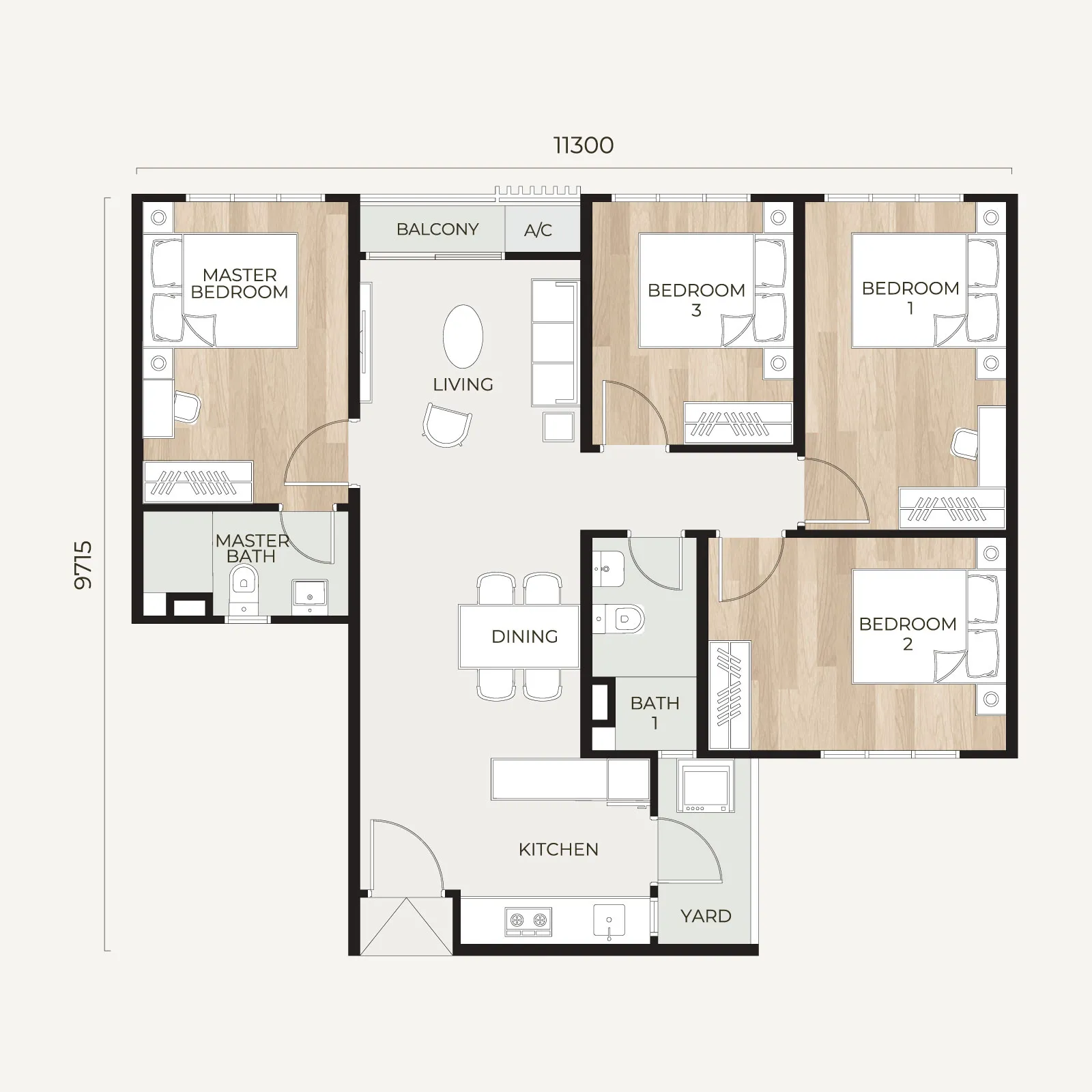 Tamu Residences Type D serviced apartment layout — 4 bedrooms, 958 sq ft