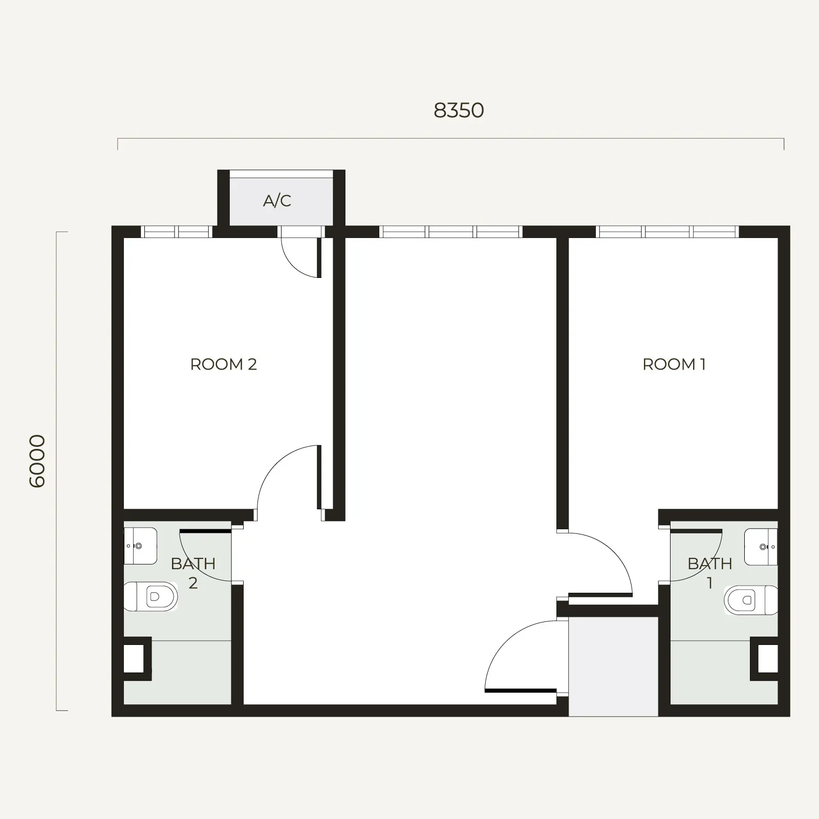 Tamu Residences Type S1 signature suite layout — 2 rooms, 550 sq ft