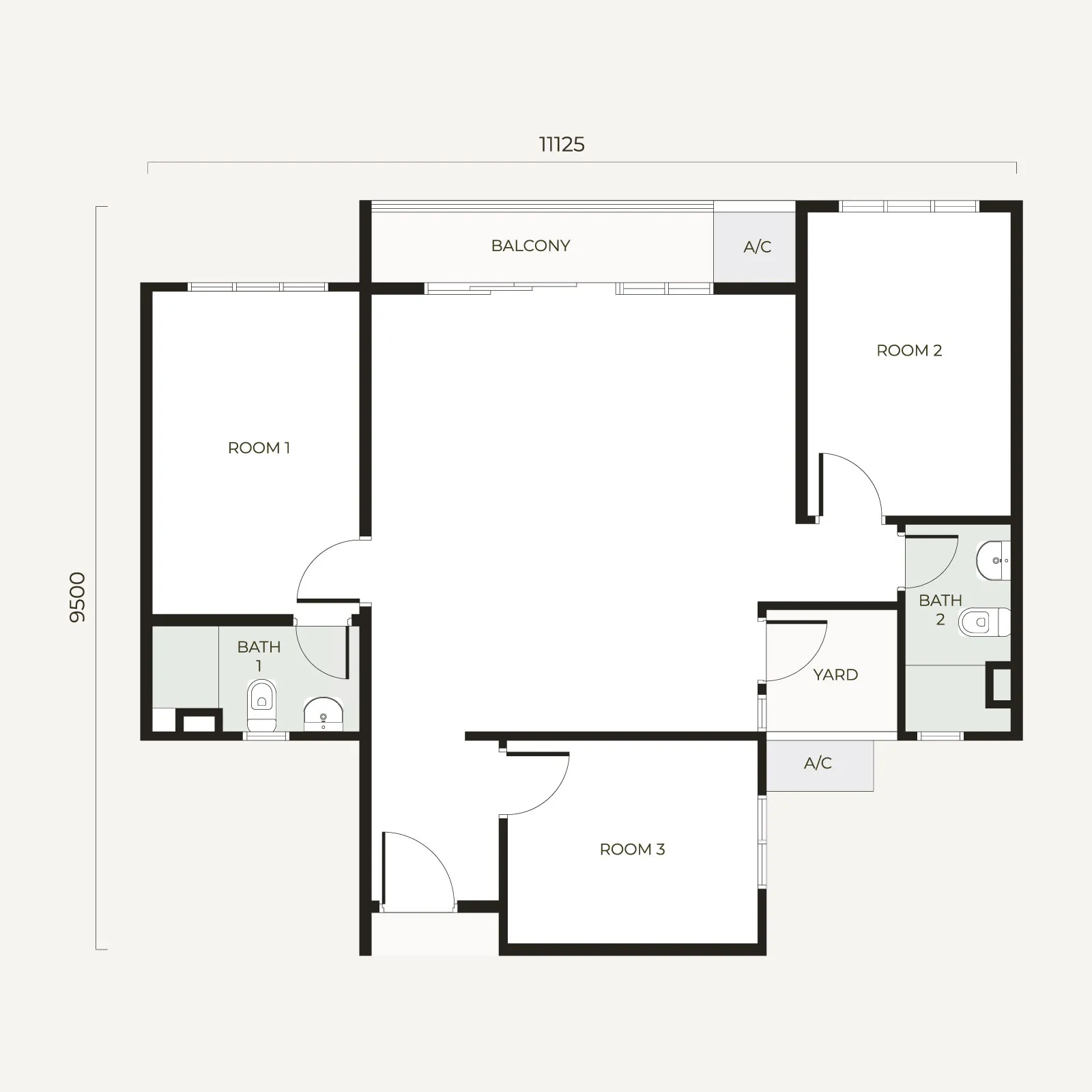 Tamu Residences Type S2 signature suite layout — 3 rooms, 926 sq ft