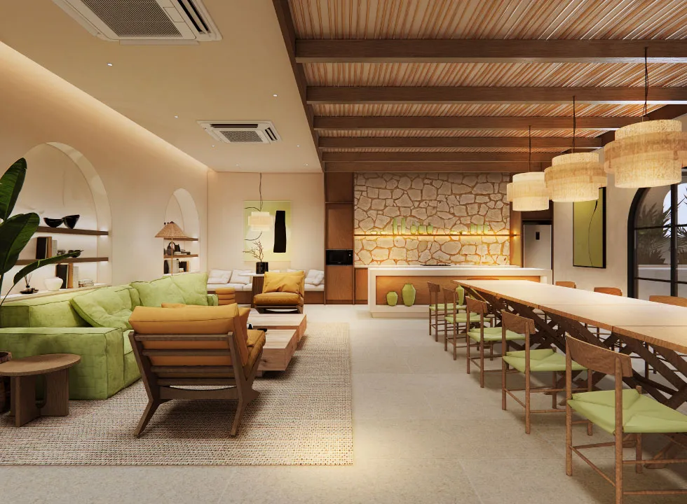 Entertainment lounge and long dining table