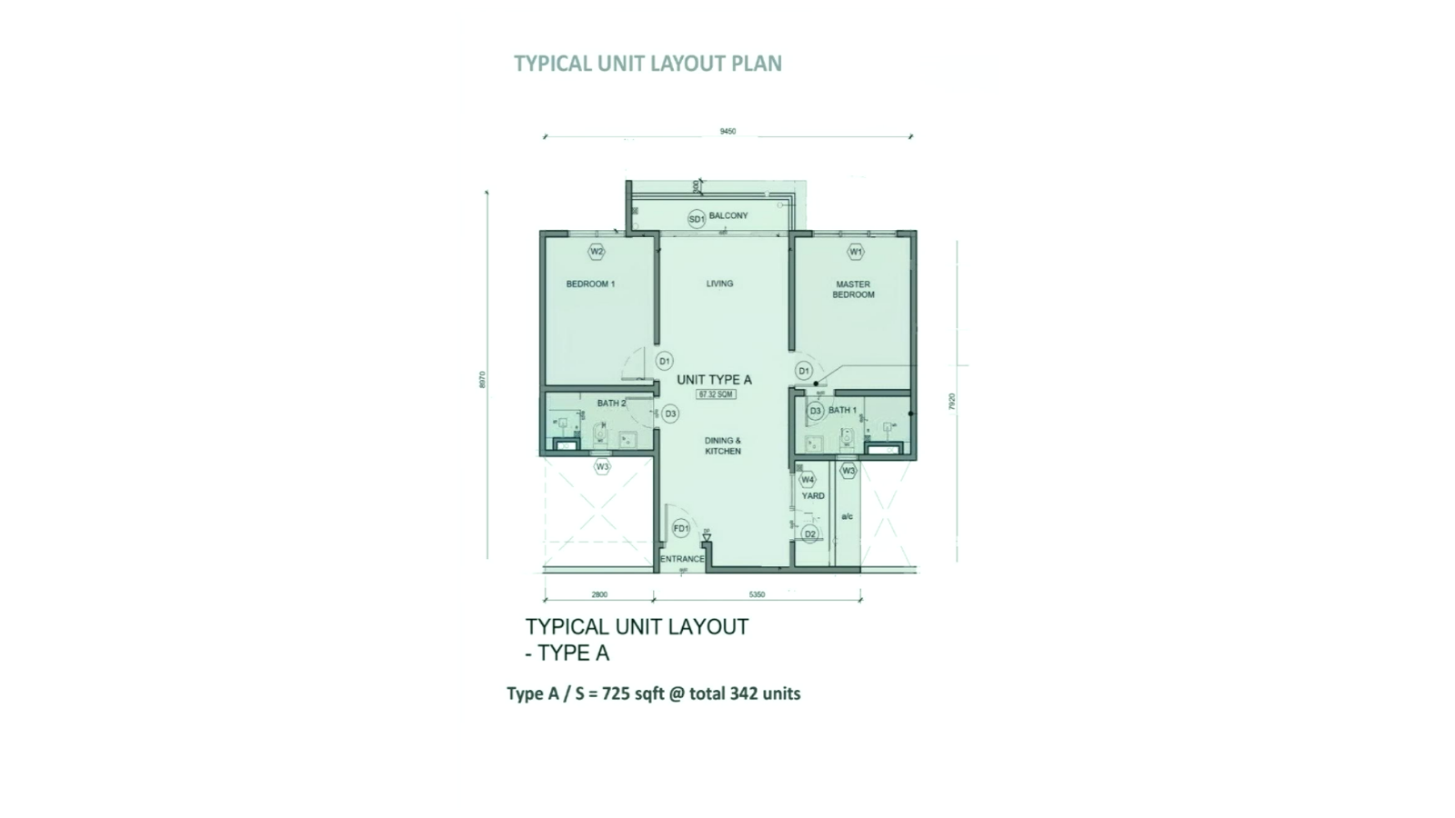 Verra Residences Type A typical unit layout — 2 bedrooms, 725 sq ft