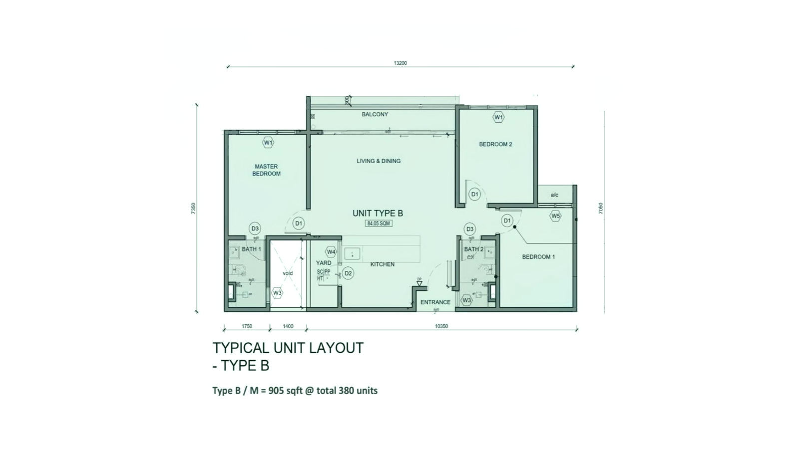 Verra Residences Type B typical unit layout — 3 bedrooms, 905 sq ft