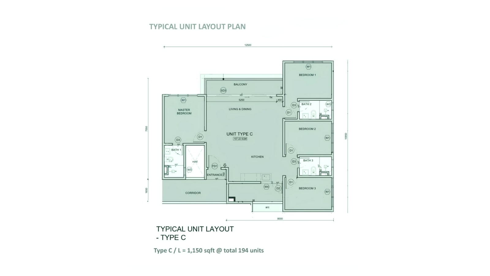 Verra Residences Type C typical unit layout — 4 bedrooms, 1,150 sq ft
